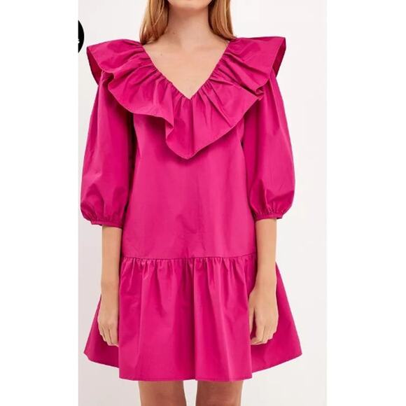 English Factory NWOT Long Sleeve V Ruffled Mini Dress Berry Size Large - Picture 4 of 10